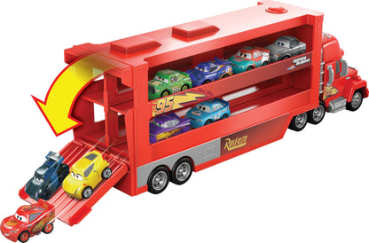Mattel Disney and Pixar Cars Toy Transporter, Large-Scale Truck, Mack Hauler Holds 18 Miniatures & Includes 1 Metal Lightning McQueen, Play & Display