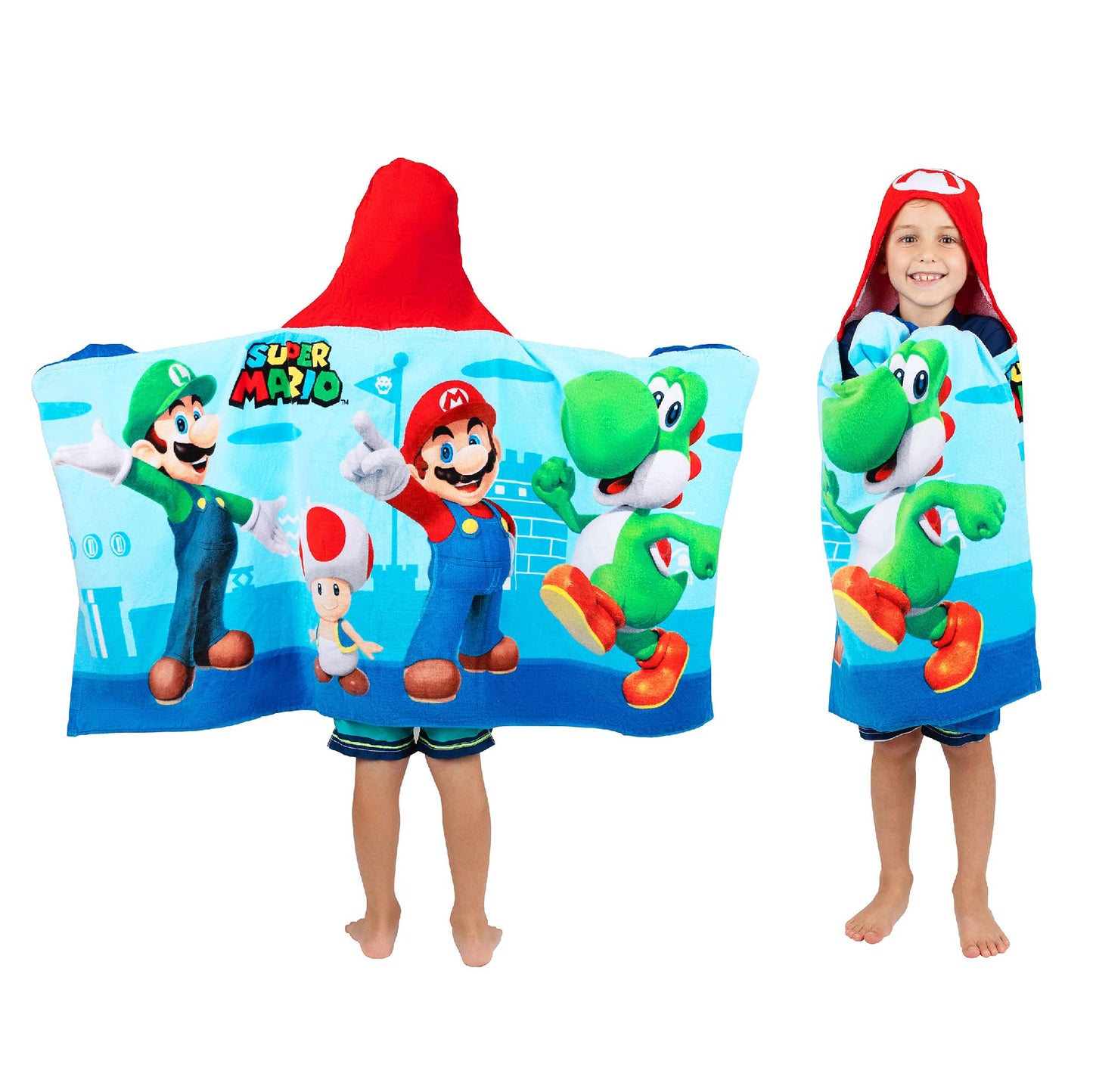 Franco Kids Bath and Beach Super Soft Cotton Hooded Towel Wrap, 24 in x 50 in, Super Mario Franco
