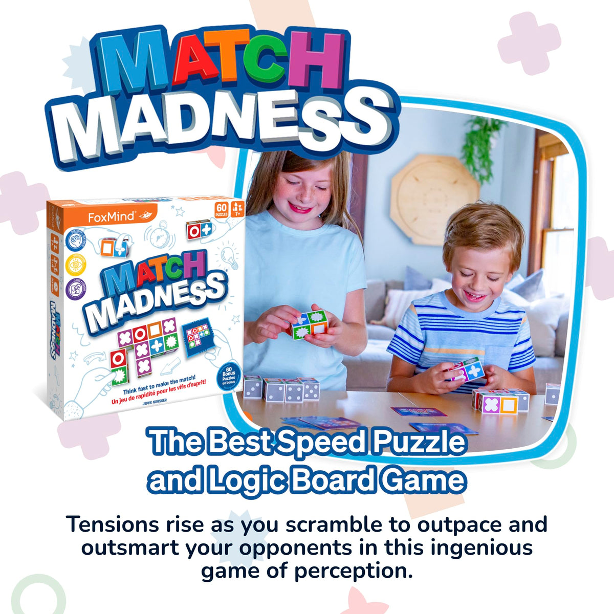 FoxMind Games: Match Madness, Family Board Games for Kids Ages 7 and up, Teens, and Adults. Pattern Block Matching Board Game, Puzzle Game Think Fast to Make The Match, 1 to 4 Players