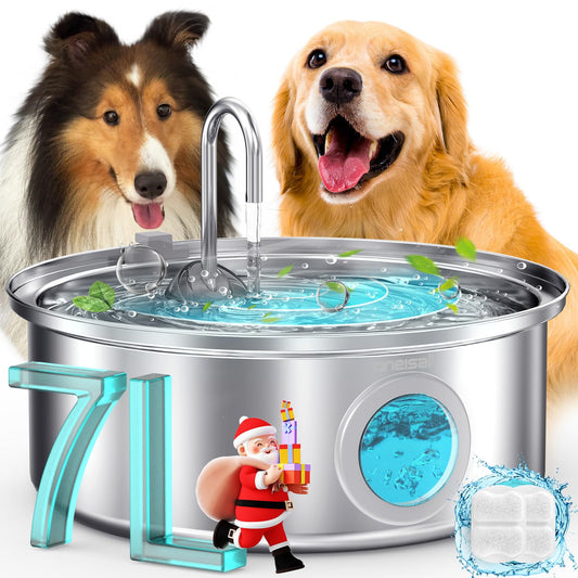 oneisall Dog Water Fountain,7L/230oz Pet Fountain Stainless Steel with Visual Water Level,Ultra-Quiet Water Bowl with 5-Stage Filtration for Large/Medium Dogs,Dispenser for Living Room Kitchen