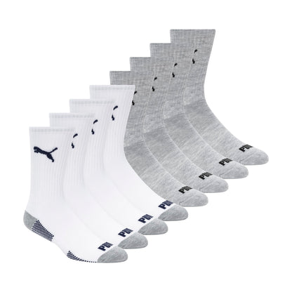 PUMA Men's 8 Pack Athletic Cushioned Crew Socks, White/Grey, 10-13 PUMA
