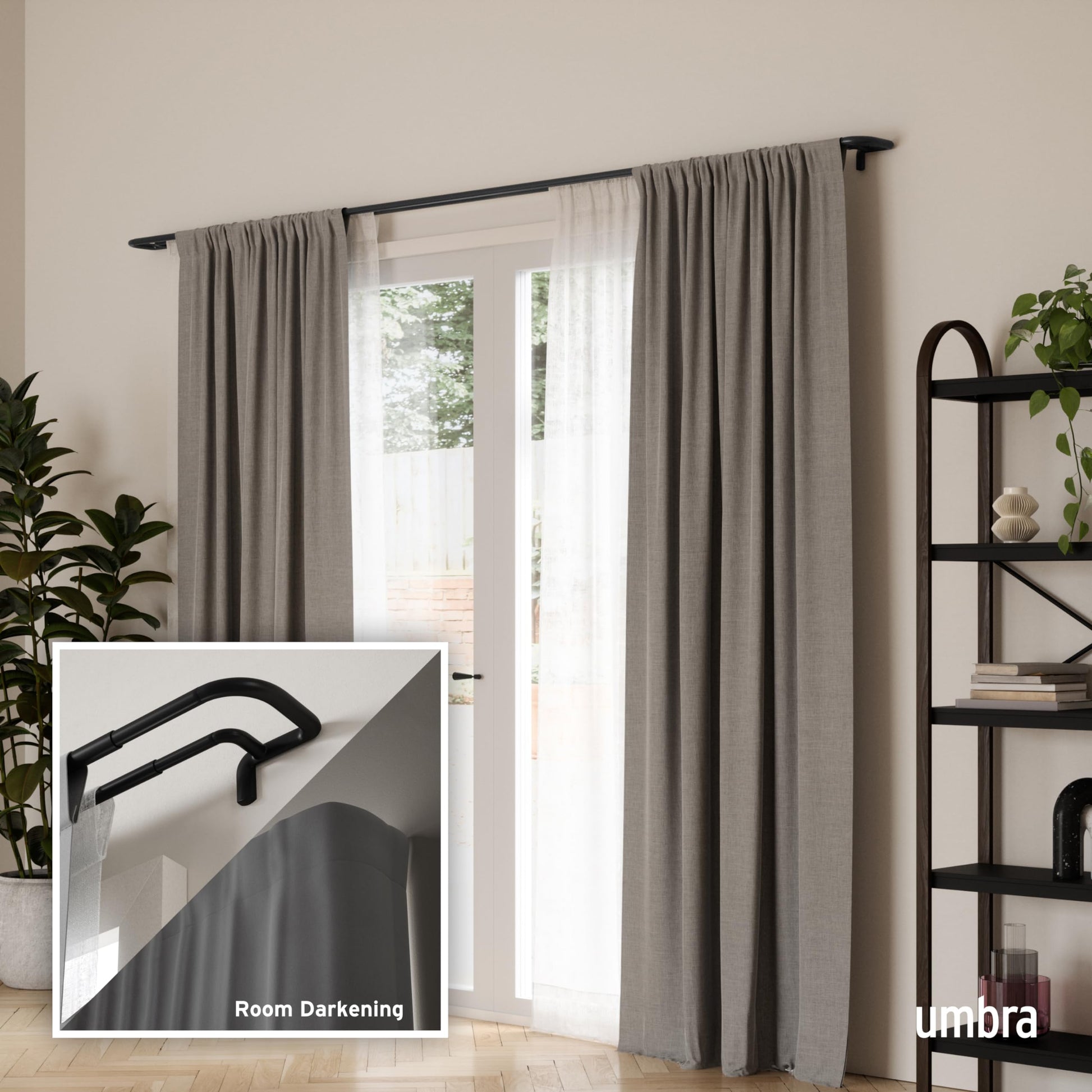 Umbra Twilight Double Curtain Rod Set – Wrap Around Design Ideal for Blackout or Room Darkening Panels, 66 to 144 Inches, Black Umbra