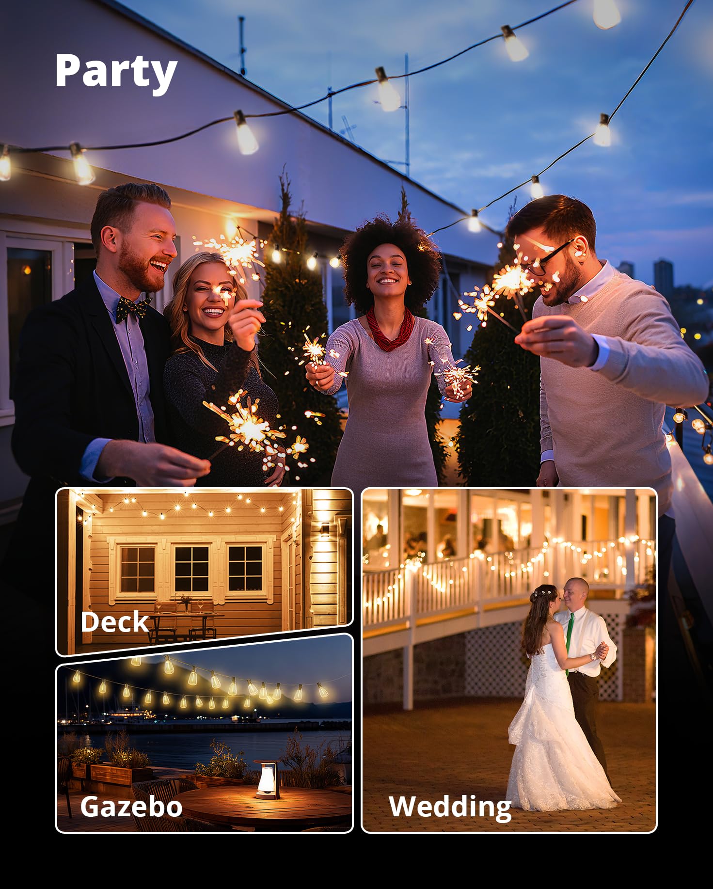 VIPAR Outdoor String Lights 60FT LED Patio Lights Waterproof with 28 Shatterproof ST38 Edison Bulbs Outside Hanging Light Dimmable Connectable for Porch, Deck, Garden, Backyard, Balcony, Decor, 2700K - Available at All In One Marketplace Canada