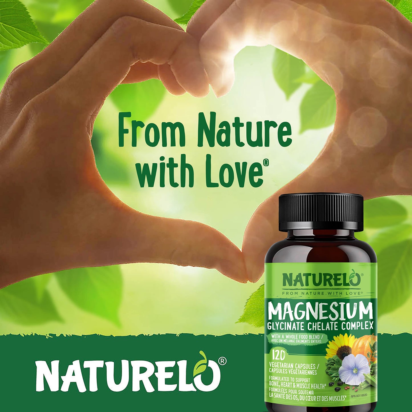 NATURELO Magnesium Glycinate Chelate Complex - 200 mg Magnesium, 120 Capsules, Support Sleep, Calm, Muscle Cramp & Stress Relief, Gluten Free, Non GMO, with Organic Vegetables - Available at All In One Marketplace Canada
