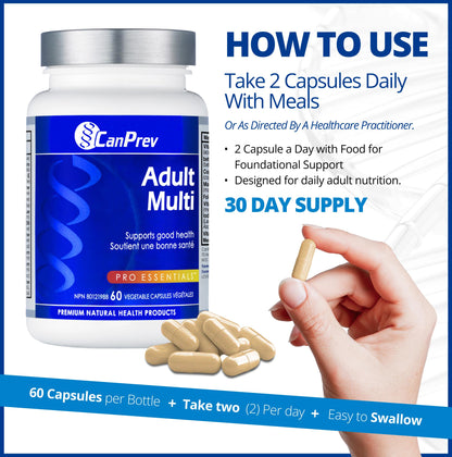 CanPrev Adult Multi, 60 V-Caps 30-Day Supply - Non-GMO and Gluten-Free - High-Potency Multivitamin and Multi-Mineral Formula - Iron-Free - Easy to Digest - Complete Daily Vitamins and Minerals - Available at All In One Marketplace Canada
