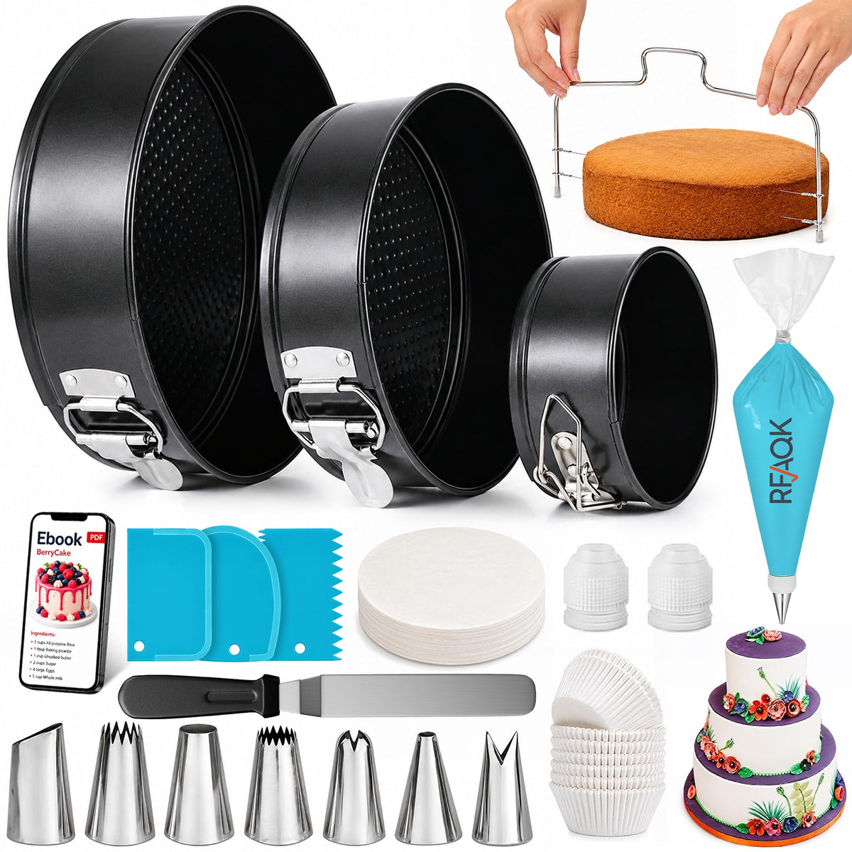 Cake Pans with Baking Supplies | 100 Pcs Springform Pan Set Includes 3 Round Non-Stick Moule a Gateau (4,7,9 inches Baking Pan)-Icing Tips-Leveler–Leak Proof Cheesecake Pan-Baking Set & EBook By RFAQK 🍁 All In One Marketplace Canada