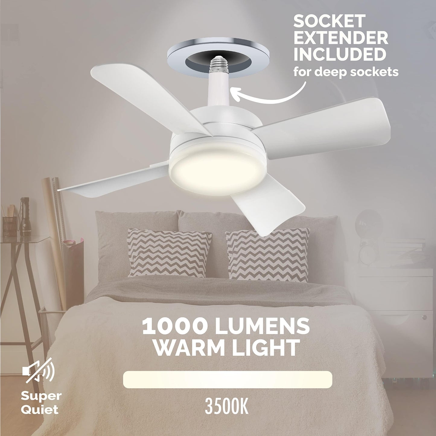 Socket Fan Light AS SEEN ON TV – Ceiling Fan with Lights and Remote, Ceiling Fan with Lights for Bedroom, Ventilateur Plafond, Screws into Light Socket, Ceiling Fans with 3 Light/Fan Modes