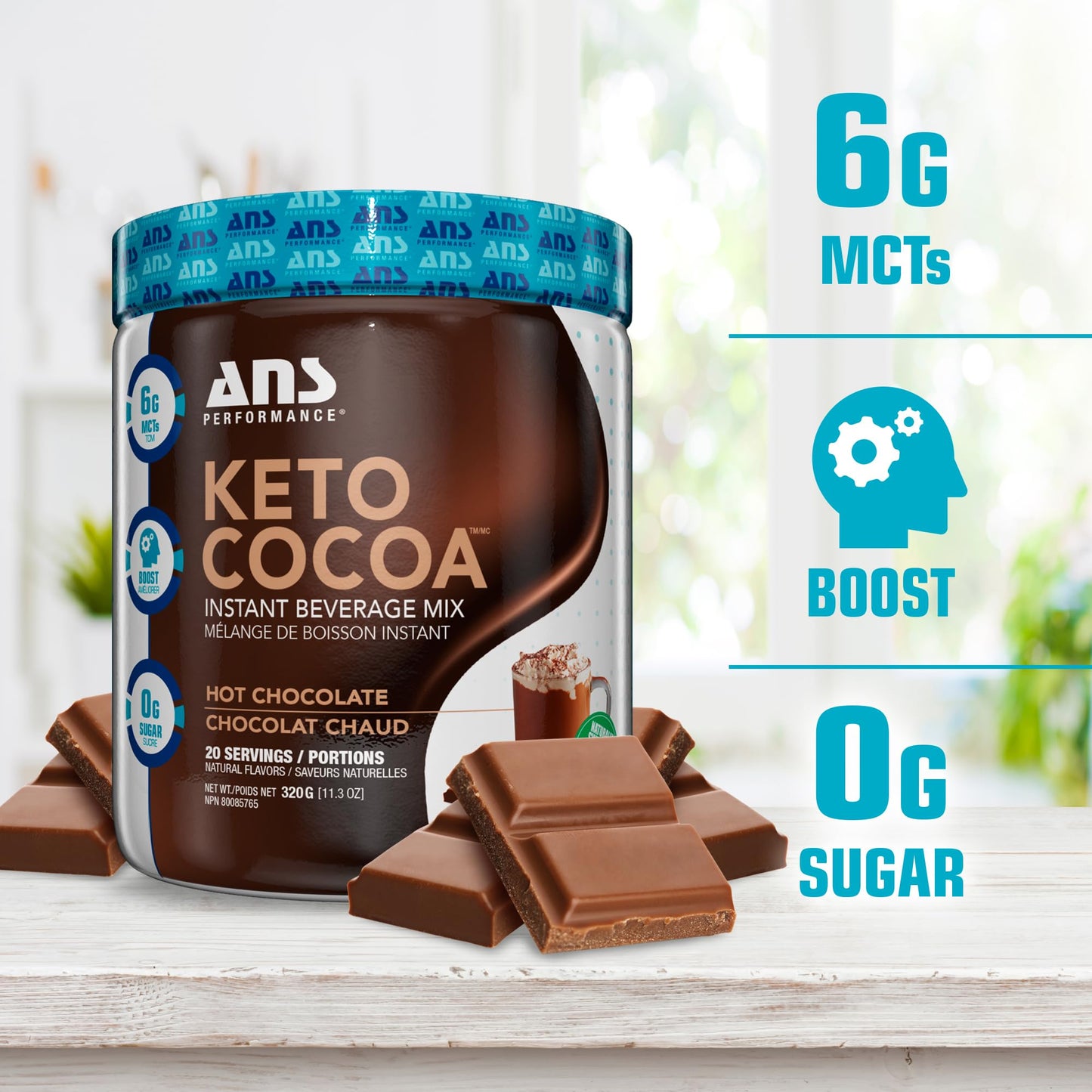 ANS Performance Keto Cocoa - Natural Sweetener Instant Hot Chocolate Mix - Low Carb, No Added Sugar - Gluten Free Keto Cocoa Powder - MCT Oil Blend - 20 Servings, 11.3 oz