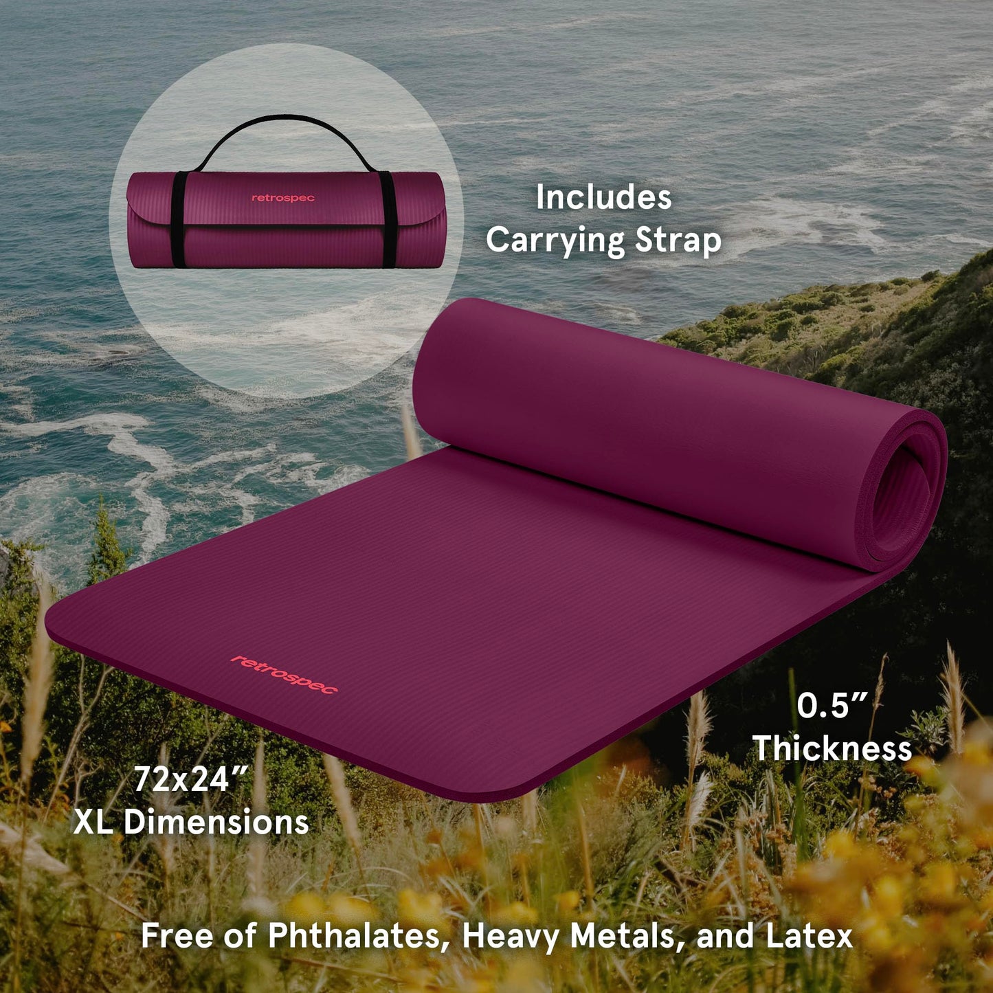 Retrospec Solana Yoga Mat 1" And 1/2" Thick With Nylon Strap for Men And Women - Non Slip Exercise Mat For Home Yoga, Pilates, Stretching, Floor And Fitness Workouts