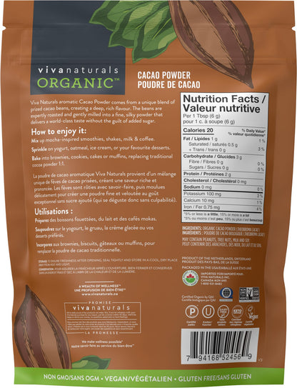 Viva Naturals Organic Non-GMO Cacao Powder, 1 Pound Bag