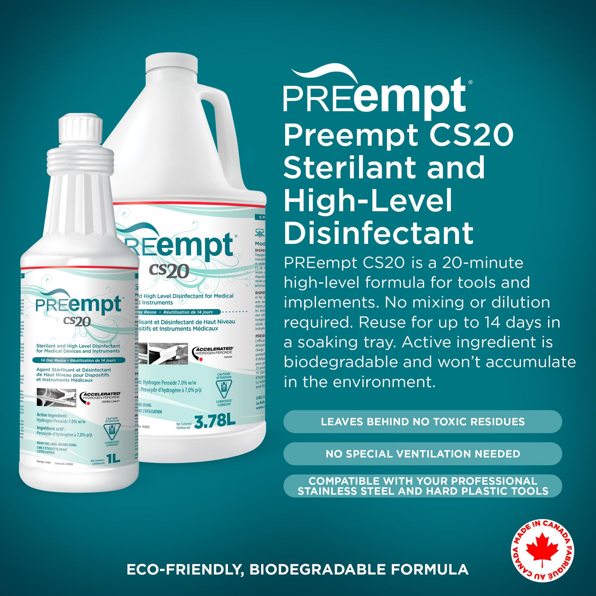 PREempt CS20 Sterilant and High-Level Disinfectant for Reusable Spa, Salon and Nail Tools and Implements (3.78L) (1 Bottle)