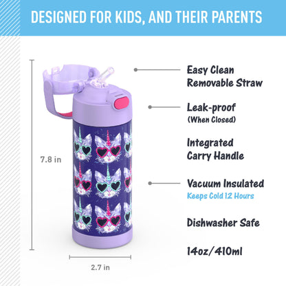 THERMOS FUNTAINER Water Bottle with Straw, 14oz, Cool Caticorns