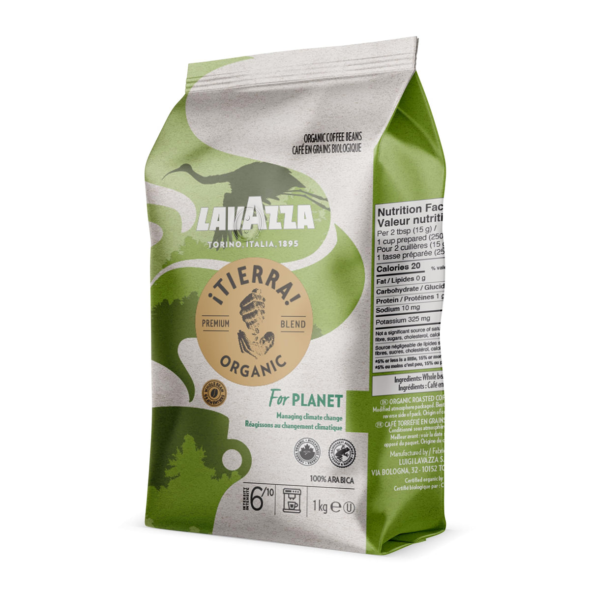 Lavazza Organic Tierra Whole Bean Coffee Blend - Light Roast, Premium Arabica Beans - 1KG Bag
