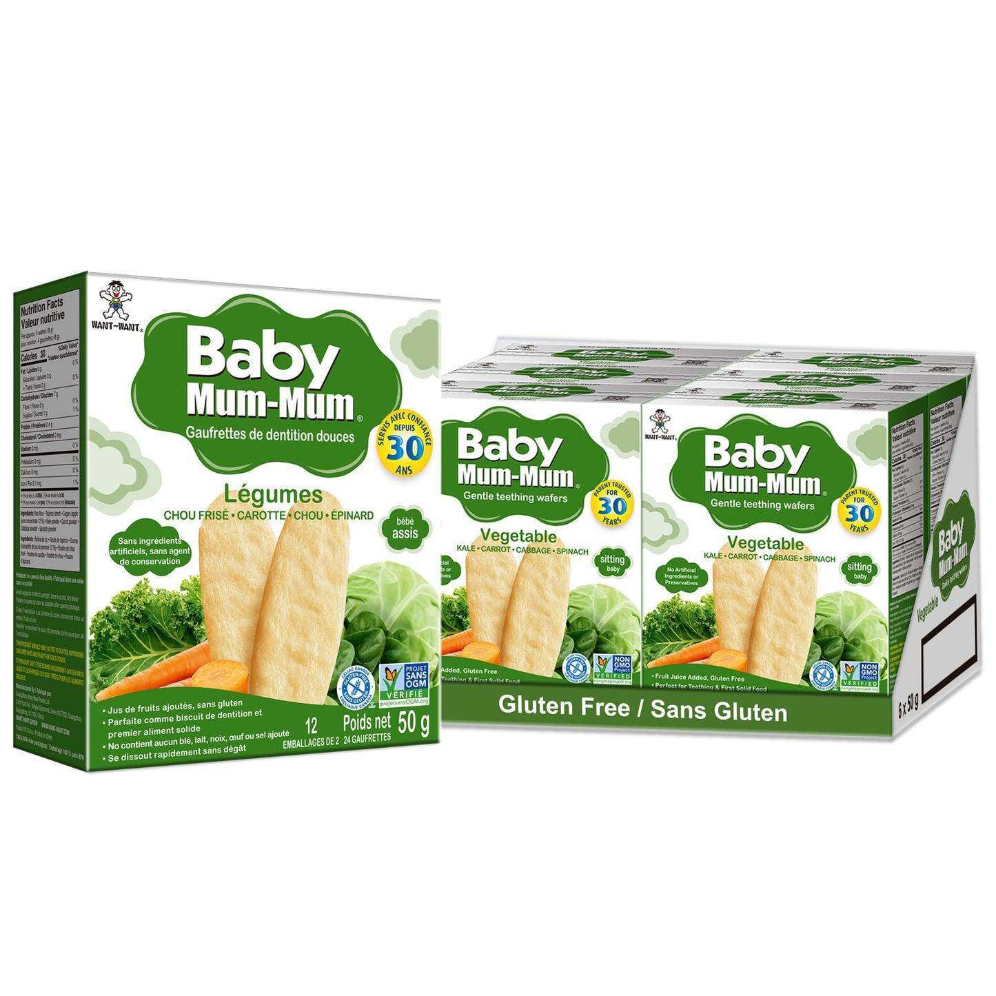 Want-Want Baby Mum-Mum Rice Rusks, Vegetable, Gluten Free, Allergen Free, Non-GMO, Rice Teether Cookie for Teething Infants, 50gms, 24 Rusks per box - Case pack of 6 🍁 All In One Marketplace Canada