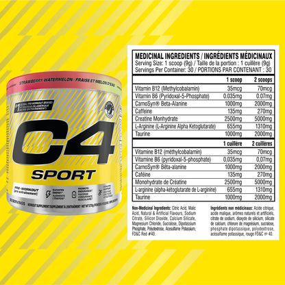 Cellucor C4 Sport Pre Workout Powder - Preworkout Energy with Creatine, Beta-Alanine, and 135mg Caffeine - NSF Certified for Sport - Strawberry Watermelon, 30 Servings