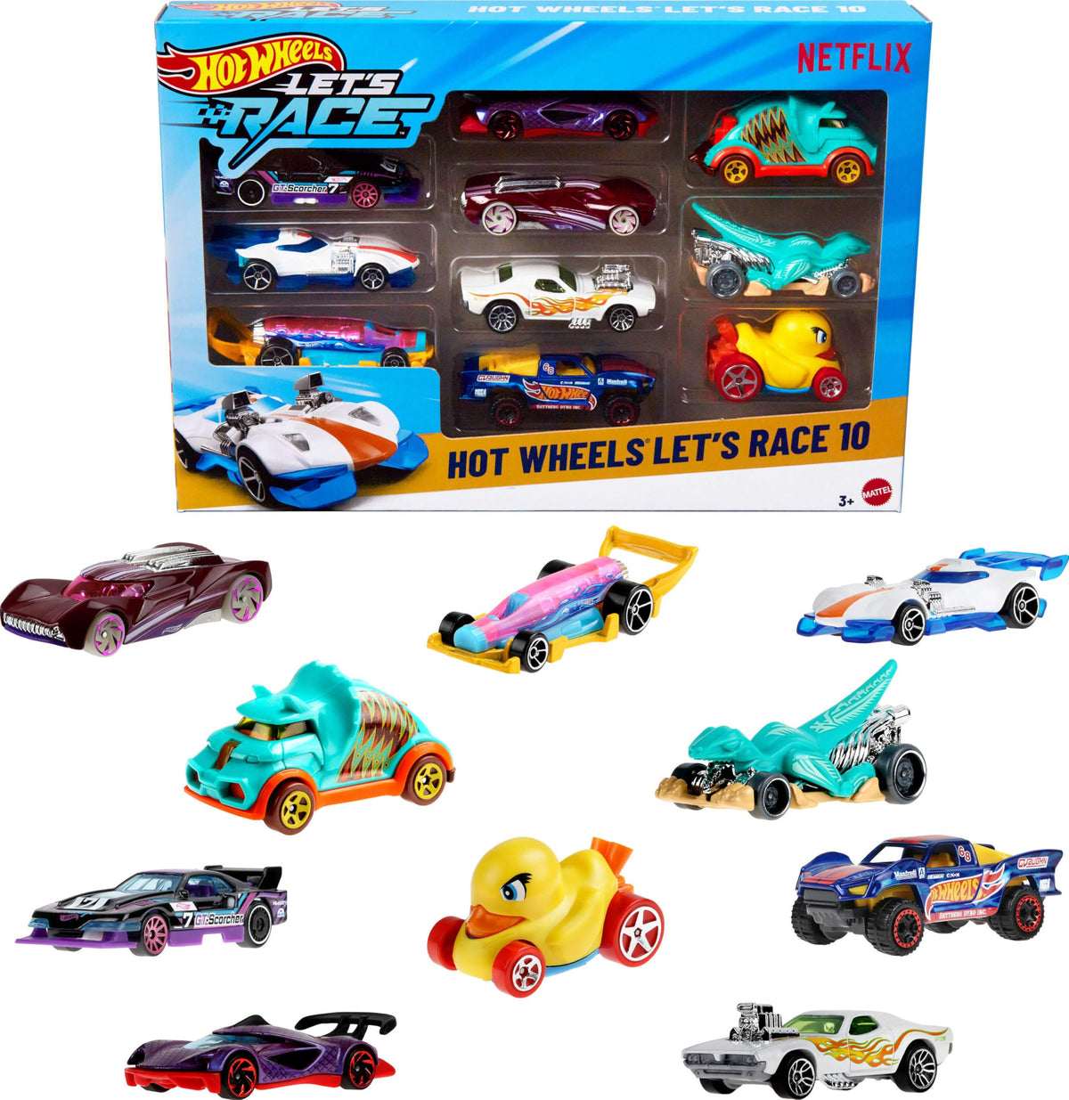 Hot Wheels Toy Cars & Trucks, Let’s Race 10-Pack, Set of 10 1:64 Scale Vehicles from the Animated Netflix Show for Play or Display (Styles May Vary)
