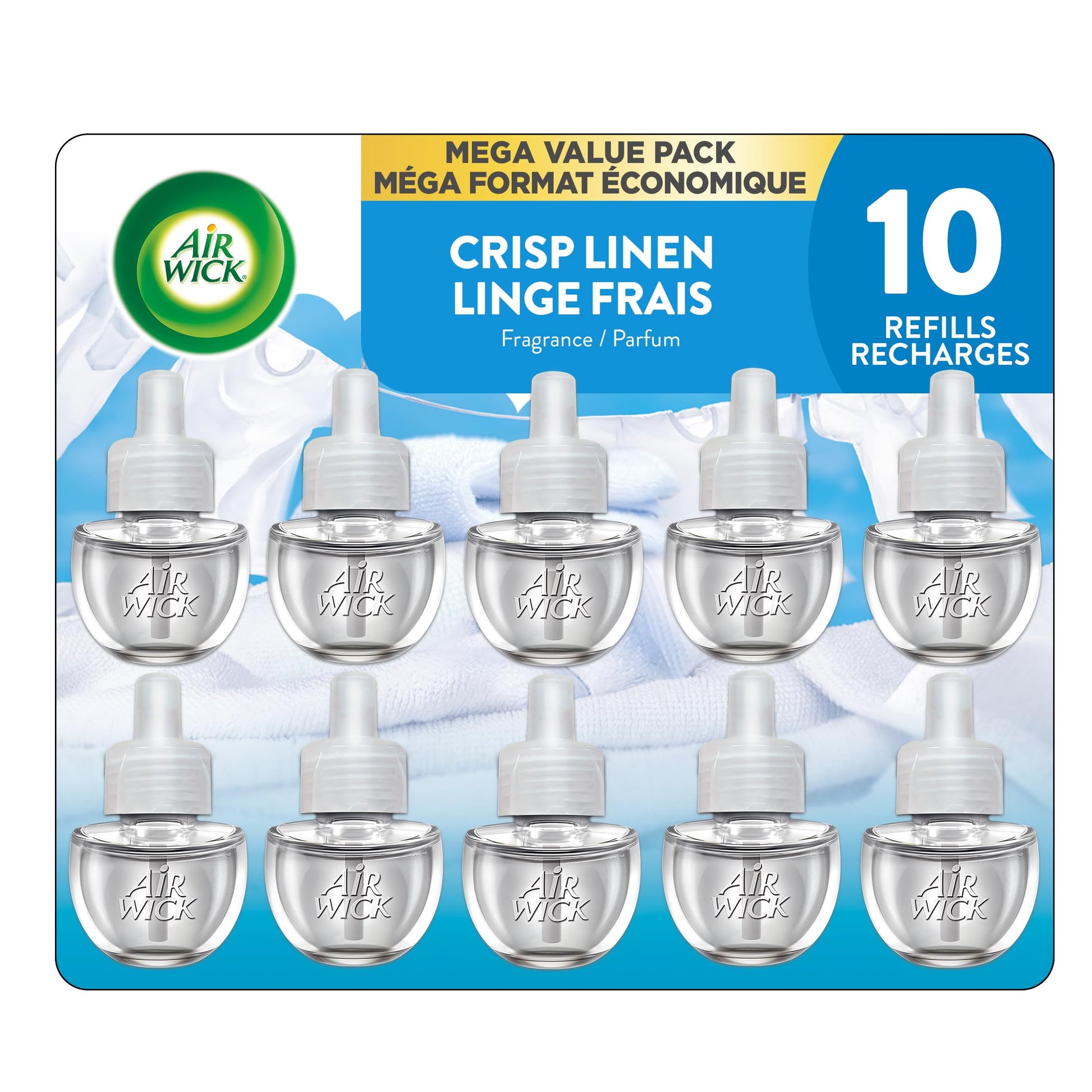 Air Wick Plug In Scented Oil Air Freshener Refills for Home – Infused with Essential Oils – 10 Count – Crisp Linen Scent – Mega Value Pack - Available at All In One Marketplace Canada