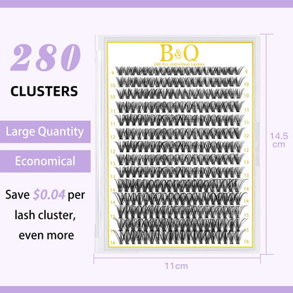 B&Qaugen Lash Clusters 280 Pcs 40D-0.07D-9-16MIX B&Q LASH Individual Lashes 10D 20D 30D 40D 50D Cluster Lashes C D Curl Eyelash Clusters Soft Volume DIY Lash Extensions at Home (40D-0.07D,9-16MIX)