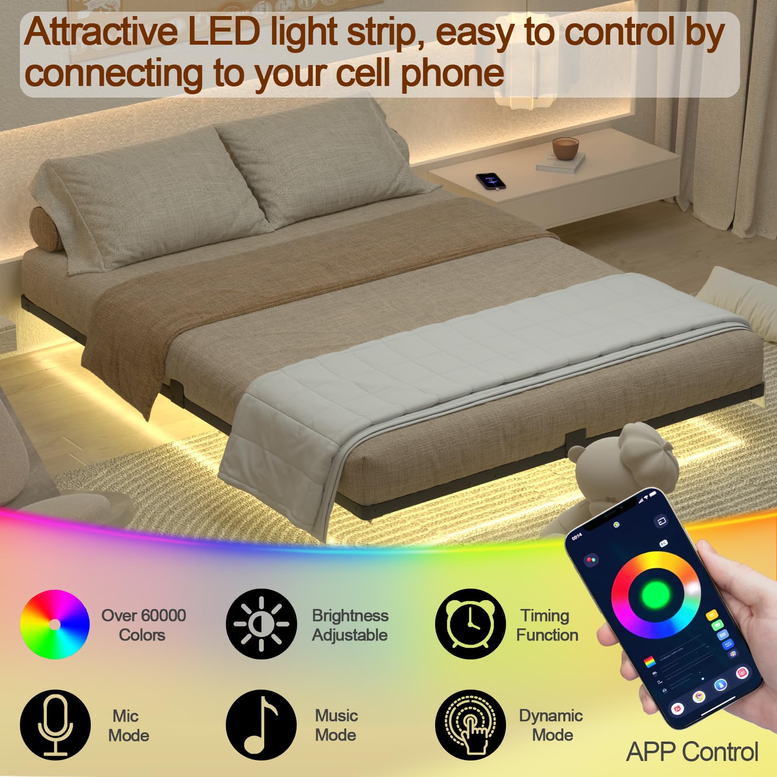 LOAKEKEL Queen Bed Frame, with USB Charging Station, Floating Bed Frame Queen Size with Smart LED Lights, Metal Platform Bed, Heavy Duty Steel Slat, No Box Spring Needed, Easy Assembly, HBF150BK - Available at All In One Marketplace Canada