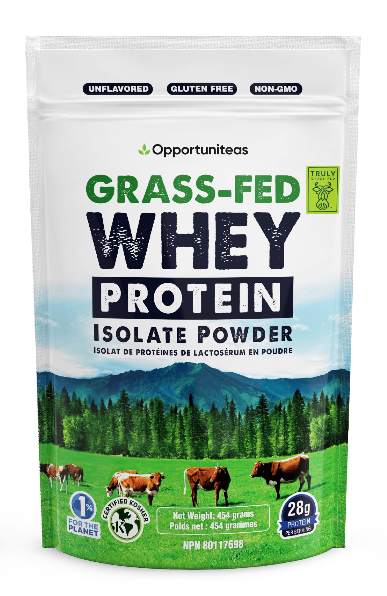 Opportuniteas Grass Fed Whey Protein Isolate - 28g Protein Per Serving, Unflavored, Hormone-Free, Non-GMO, Keto & Paleo Friendly - 1 lb