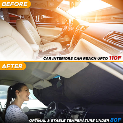EcoNour Car Windshield Sun Shade with Storage Pouch | Durable 240T Material Car Sun Visor for UV Rays, Sun Heat Protection | Car Interior Accessories for Sun Heat | Medium Plus (64 inches x 34 inches)