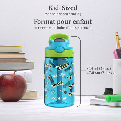 Contigo Kids Aubrey Straw Water Bottle with Leak-Proof Lid, BPA-Free Plastic, Dishwasher Safe, Blue Raspberry Lime Skater, 14 oz (414 mL)
