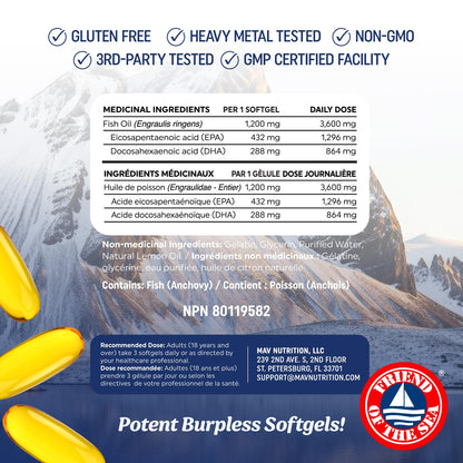 Triple Strength Omega 3 Fish Oil | 120 Softgels | 3600 mg Fish Oil | Over 2100mg of Omega-3 Fatty Acids | Heart and Cognitive Support | 1300mg EPA + 860mg DHA | Wild Caught & Burpless | 120 Ct