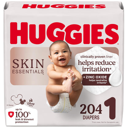 Huggies Size 1 Diapers, Skin Essentials Baby Diapers, Size 1 (8-14 lbs), 204 Count (3 Packs of 68), Packaging May Vary