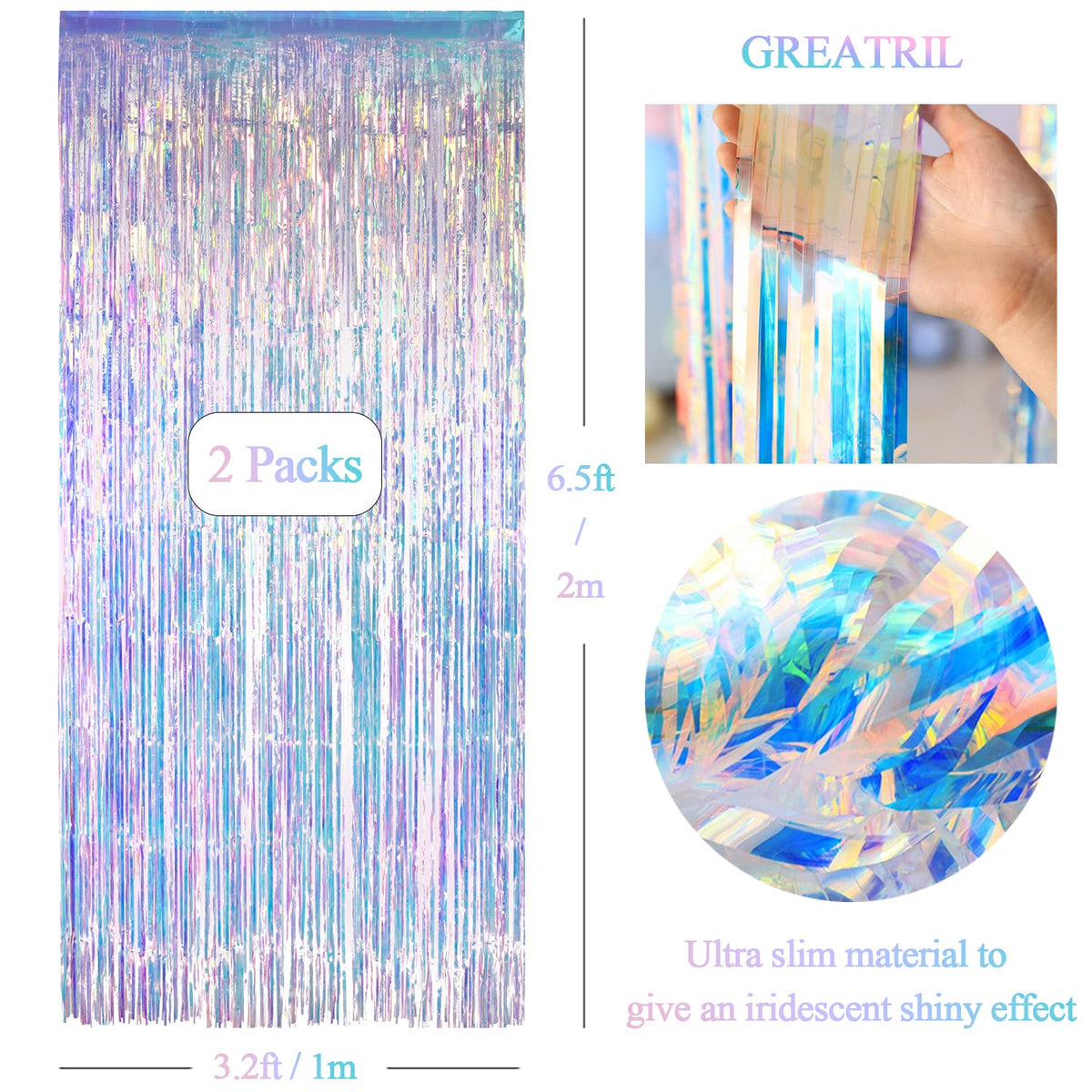 GREATRIL Iridescent Party Tinsel Fringe Backdrop Decorations - Holographic Foil Streamers Curtain for Frozen/Disco Ball/Mermaid/Birthday/Bachelorette/Winter/Christmas Themed - 3.2ft x 6.5ft - 2 PCS 🍁 All In One Marketplace Canada