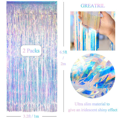 GREATRIL Iridescent Party Tinsel Fringe Backdrop Decorations - Holographic Foil Streamers Curtain for Frozen/Disco Ball/Mermaid/Birthday/Bachelorette/Winter/Christmas Themed - 3.2ft x 6.5ft - 2 PCS 🍁 All In One Marketplace Canada
