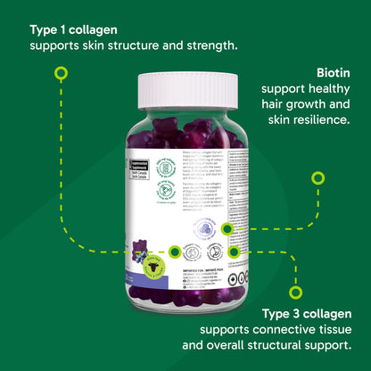 Organika Collagen Gummies with Biotin – 2500 mg Collagen Peptides Per Serving for Skin, Hair and Joint Health – Blueberry Bliss Flavour, Easy to Take – 90 Gummies - Available at All In One Marketplace Canada