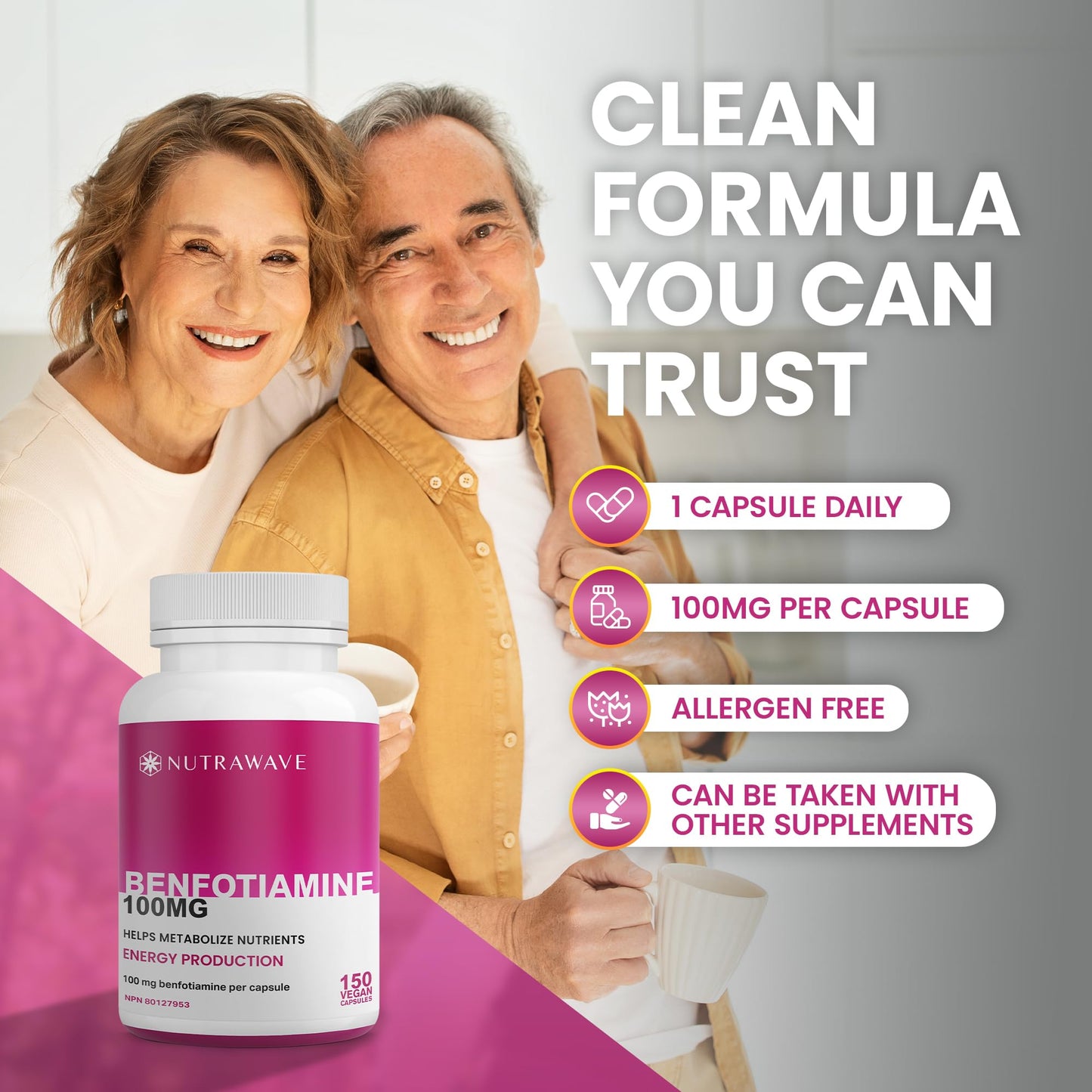 Nutrawave PURE *BONUS SIZE* 150 capsules HIGHEST POTENCY Benfotiamine Complex – 100mg, Thiamine B1 Supplement, Increased Energy, Nerve Support, All-Natural, Vegan, Gluten Free. 5-month supply - Available at All In One Marketplace Canada