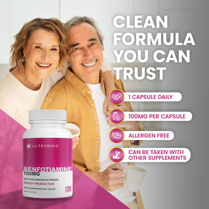 Nutrawave PURE *BONUS SIZE* 150 capsules HIGHEST POTENCY Benfotiamine Complex – 100mg, Thiamine B1 Supplement, Increased Energy, Nerve Support, All-Natural, Vegan, Gluten Free. 5-month supply - Available at All In One Marketplace Canada