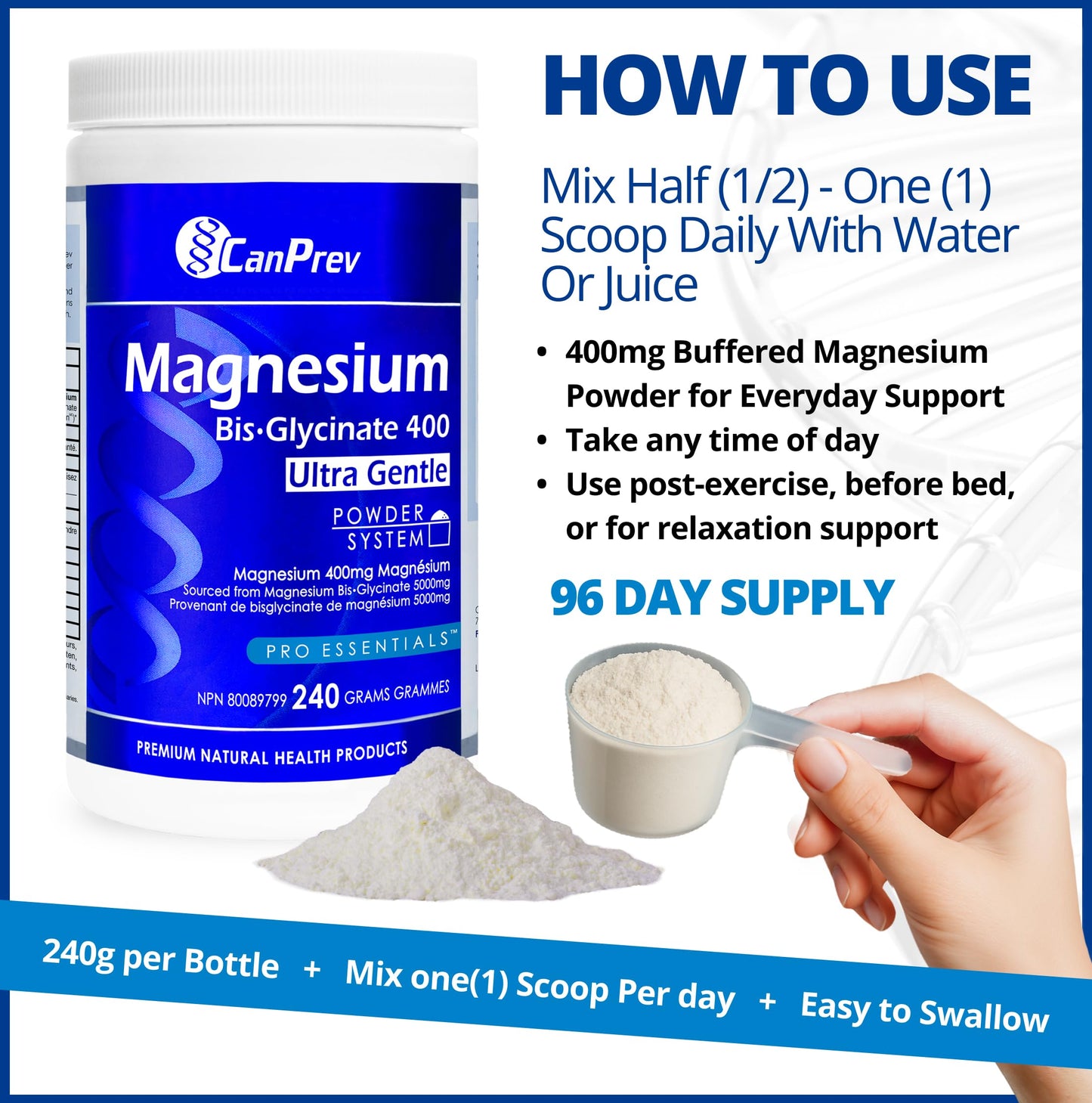 CanPrev Magnesium Bisglycinate Ultra Gentle 240g Powder 48-Servings - 400mg of Pure Elemental Magnesium Per Scoop - Chelated Complex - Muscle Health, Calm, Relaxation, Bone Health and Cramp Relief - Available at All In One Marketplace Canada