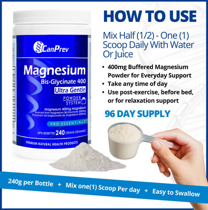 CanPrev Magnesium Bisglycinate Ultra Gentle 240g Powder 48-Servings - 400mg of Pure Elemental Magnesium Per Scoop - Chelated Complex - Muscle Health, Calm, Relaxation, Bone Health and Cramp Relief - Available at All In One Marketplace Canada