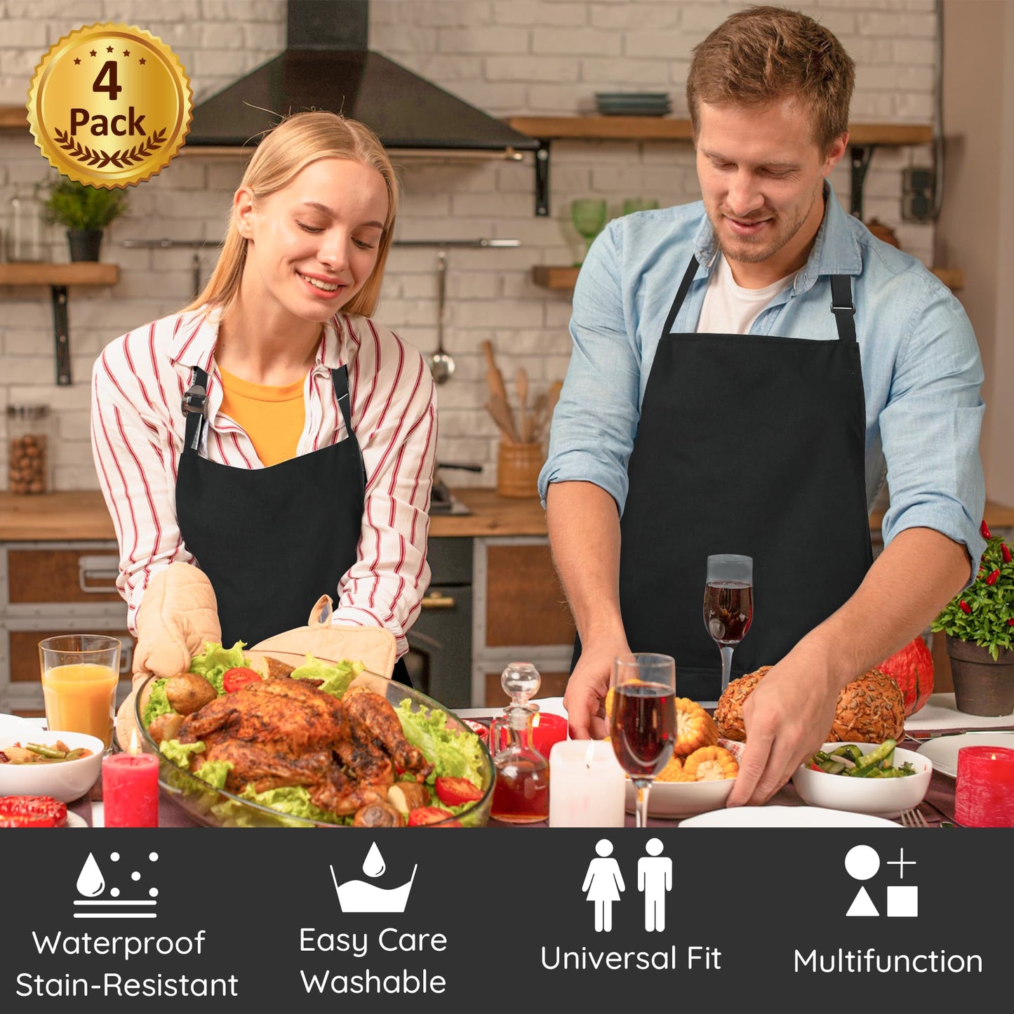 4 Packs Chef Apron, Black Waterproof Apron, Adjustable Apron with 2 Pockets for Men Women, Professional Apron for Kitchen Cooking Gardening Painting Baking Restaurant (Black) - Available at All In One Marketplace Canada
