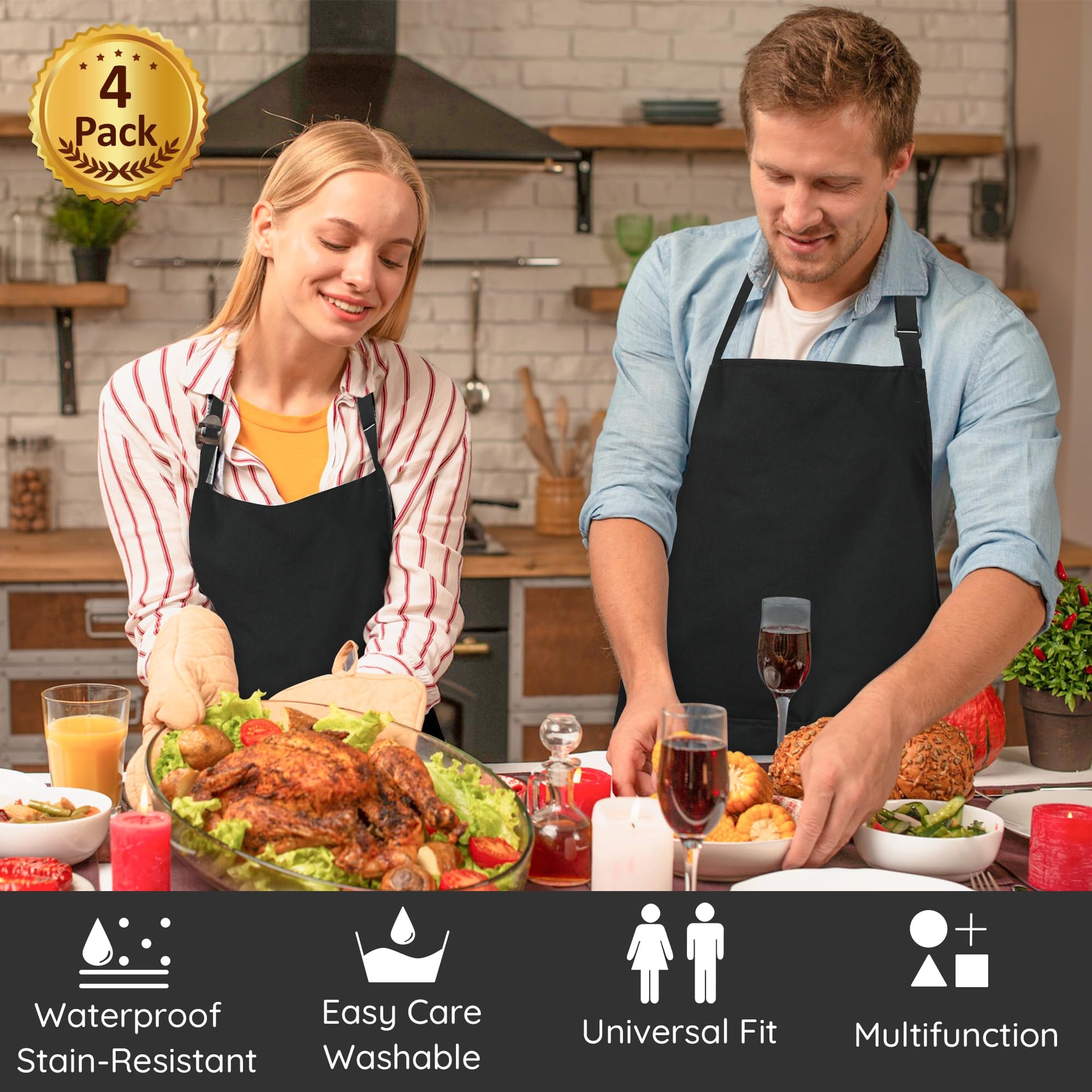 4 Packs Chef Apron, Black Waterproof Apron, Adjustable Apron with 2 Pockets for Men Women, Professional Apron for Kitchen Cooking Gardening Painting Baking Restaurant (Black) - Available at All In One Marketplace Canada
