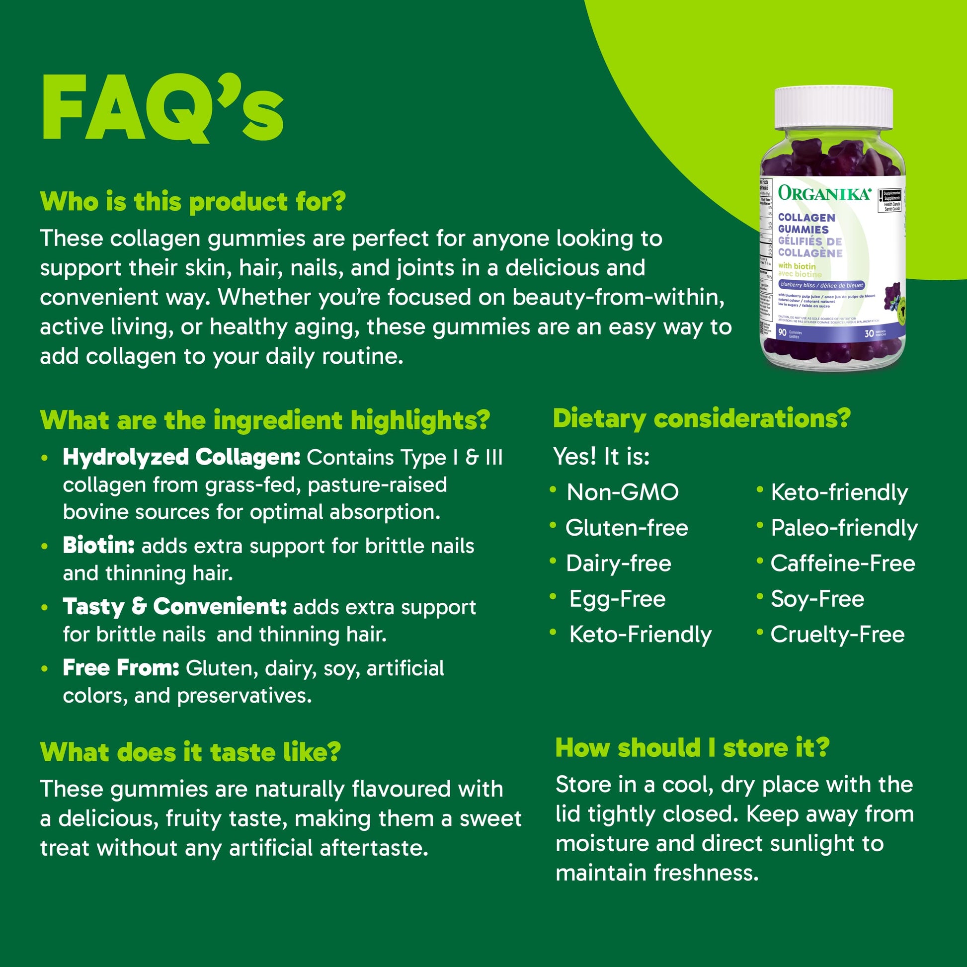 Organika Collagen Gummies with Biotin – 2500 mg Collagen Peptides Per Serving for Skin, Hair and Joint Health – Blueberry Bliss Flavour, Easy to Take – 90 Gummies - Available at All In One Marketplace Canada