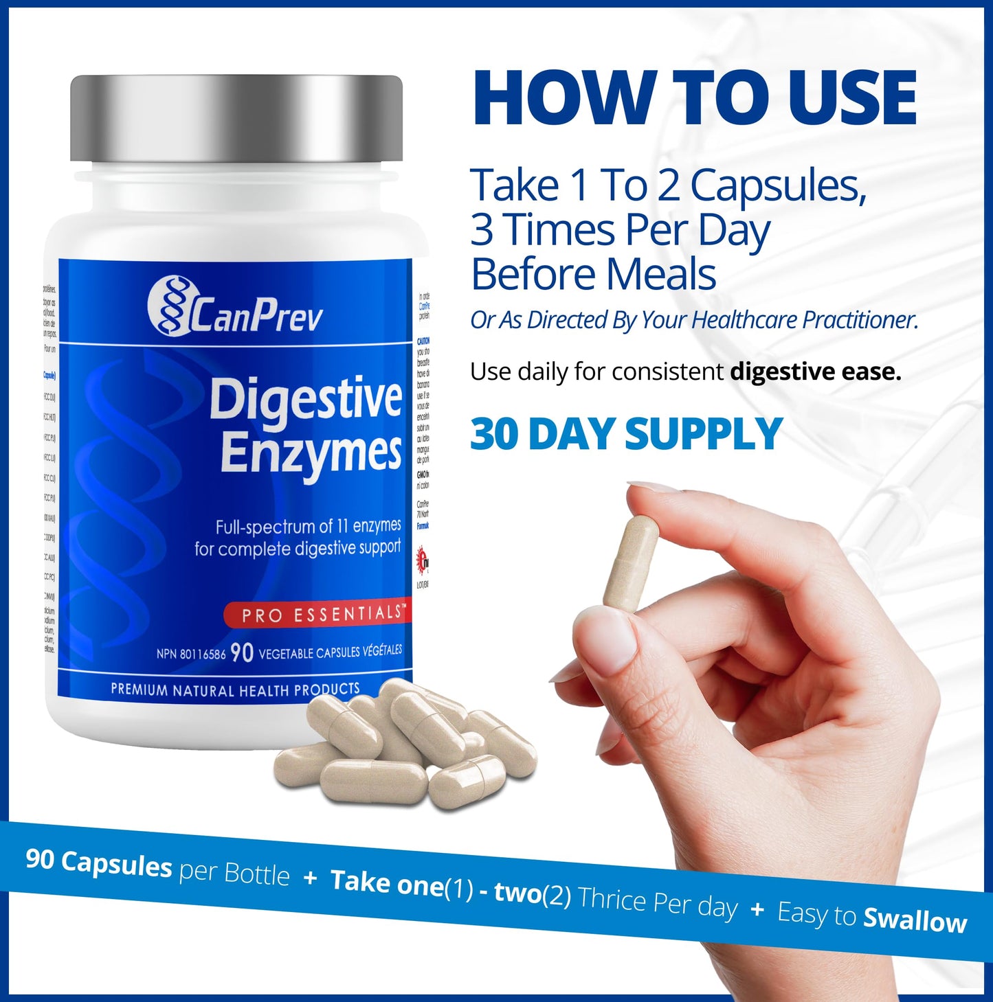 CanPrev - Digestive Enzymes Supplement, 90 Capsules 30-Day Supply - Full Spectrum of 11 Digestive Enzymes for Stomach Gas, Digestion, Indigestion and Bloating Relief - Helps Break Down Proteins - Available at All In One Marketplace Canada