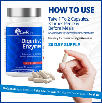 CanPrev - Digestive Enzymes Supplement, 90 Capsules 30-Day Supply - Full Spectrum of 11 Digestive Enzymes for Stomach Gas, Digestion, Indigestion and Bloating Relief - Helps Break Down Proteins - Available at All In One Marketplace Canada
