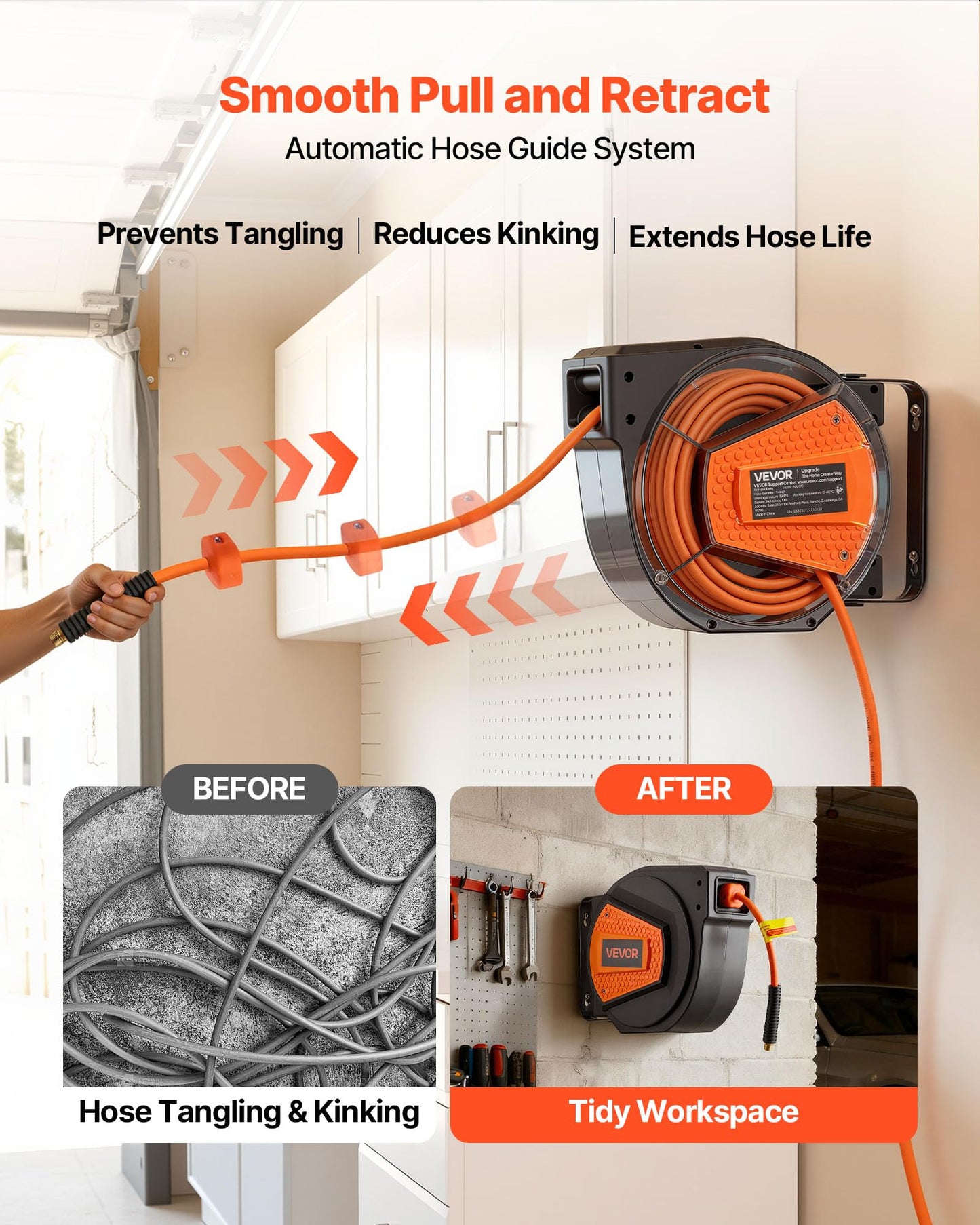 VEVOR Retractable Air Hose Reel, 1/4 Inch x 50 FT Hybrid Air Hose Max 300PSI, Enclosed Air-Compressor Hoses Reel Auto Rewind with 6.6 ft Lead in & Blow Gun, 180° Swivel Ceiling/Wall Mount VEVOR