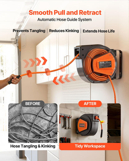 VEVOR Retractable Air Hose Reel, 1/4 Inch x 50 FT Hybrid Air Hose Max 300PSI, Enclosed Air-Compressor Hoses Reel Auto Rewind with 6.6 ft Lead in & Blow Gun, 180° Swivel Ceiling/Wall Mount VEVOR