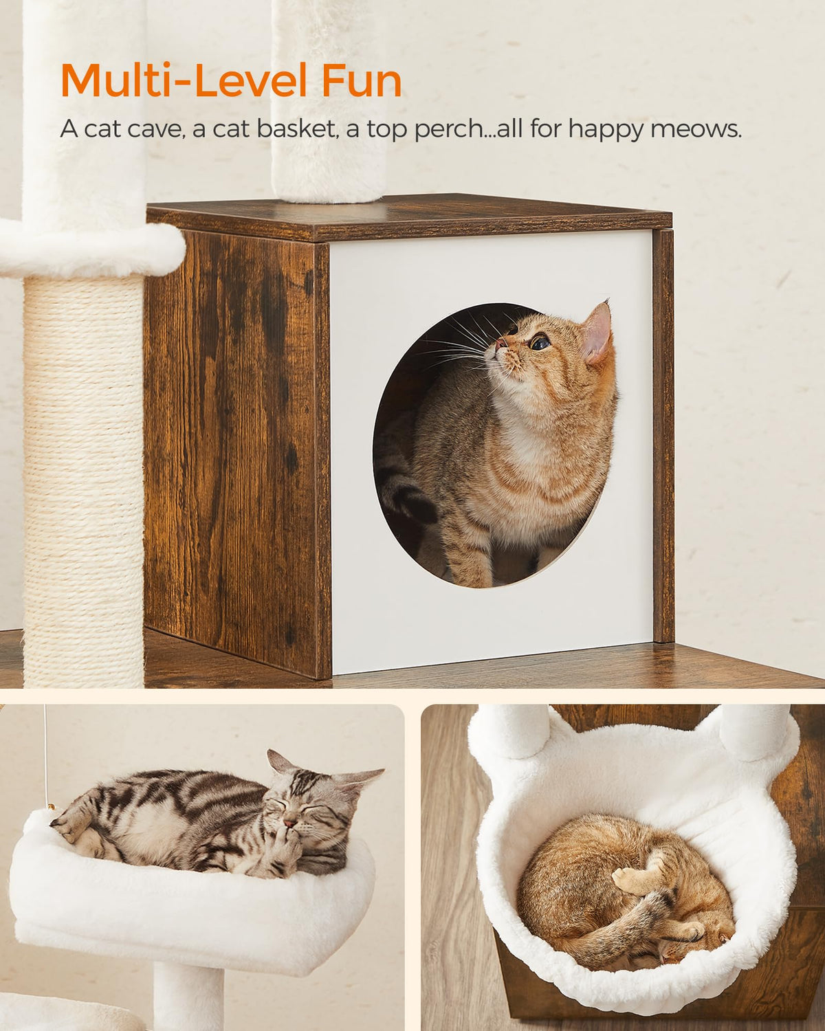 Feandrea WoodyWonders Cat Tree with Litter Box Furniture Hidden Enclosure, 2-in-1 Modern Tower, Cat Condo with Scratching Posts, Removable Pompom Sticks, Rustic Brown UPCT113X01