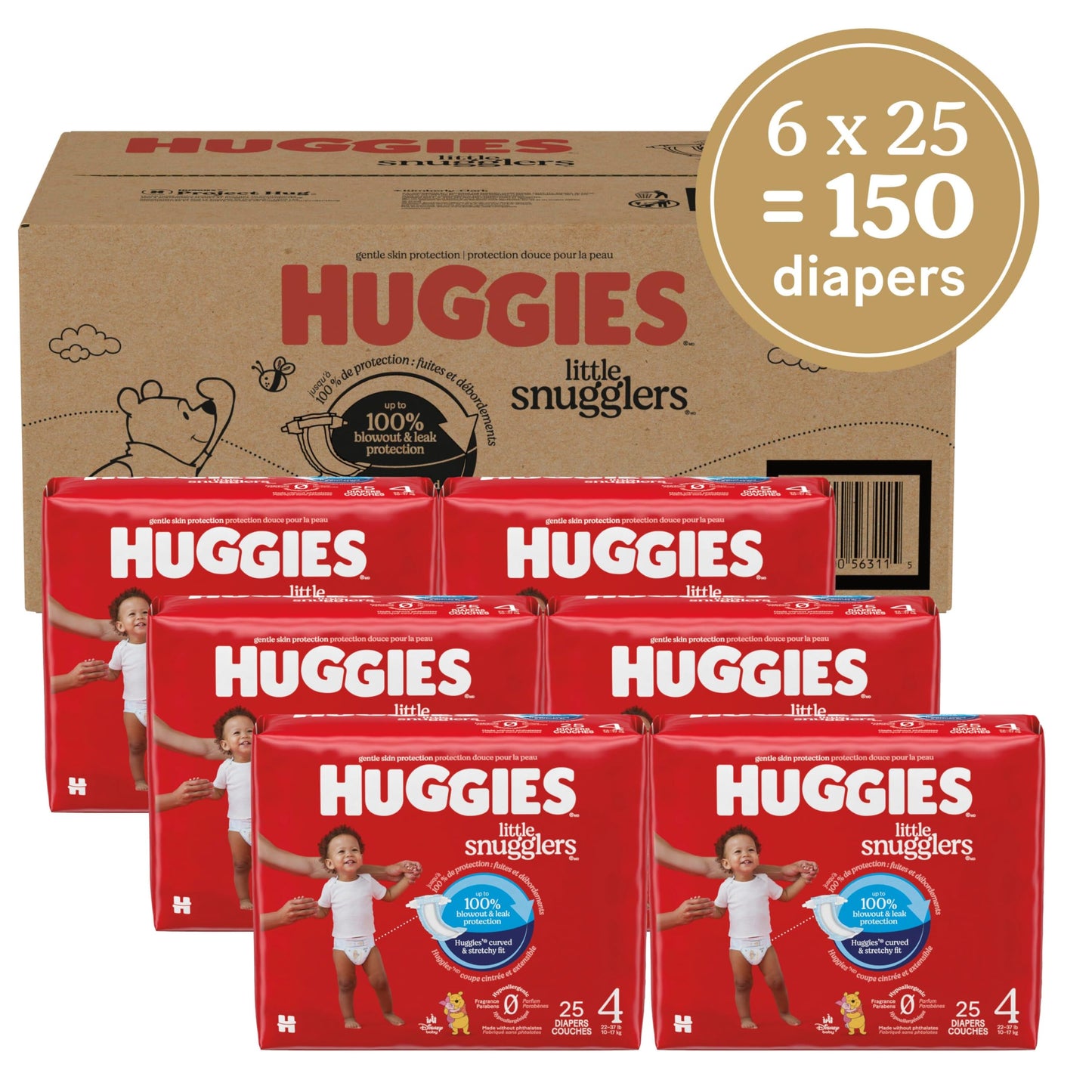 Huggies Size 4 Diapers, Little Snugglers Baby Diapers, Size 4 (22-37 lbs), 150 Count (6 Packs of 25), Packaging May Vary