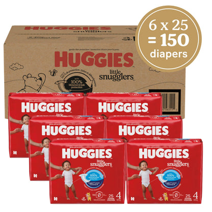 Huggies Size 4 Diapers, Little Snugglers Baby Diapers, Size 4 (22-37 lbs), 150 Count (6 Packs of 25), Packaging May Vary