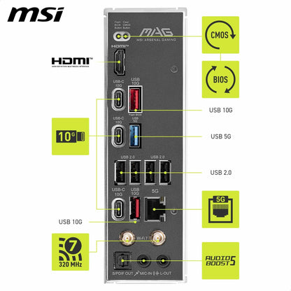 MSI MAG B850 Tomahawk MAX WiFi Gaming Motherboard (AMD Ryzen 9000/8000/7000 Series Processors, AM5, DDR5, PCIe 4.0, M.2, SATA 6Gb/s, USB 3.2 Gen 2, HDMI/DP, Wi-Fi 7, Bluetooth 5.3, 2.5Gbps LAN, ATX) MSI