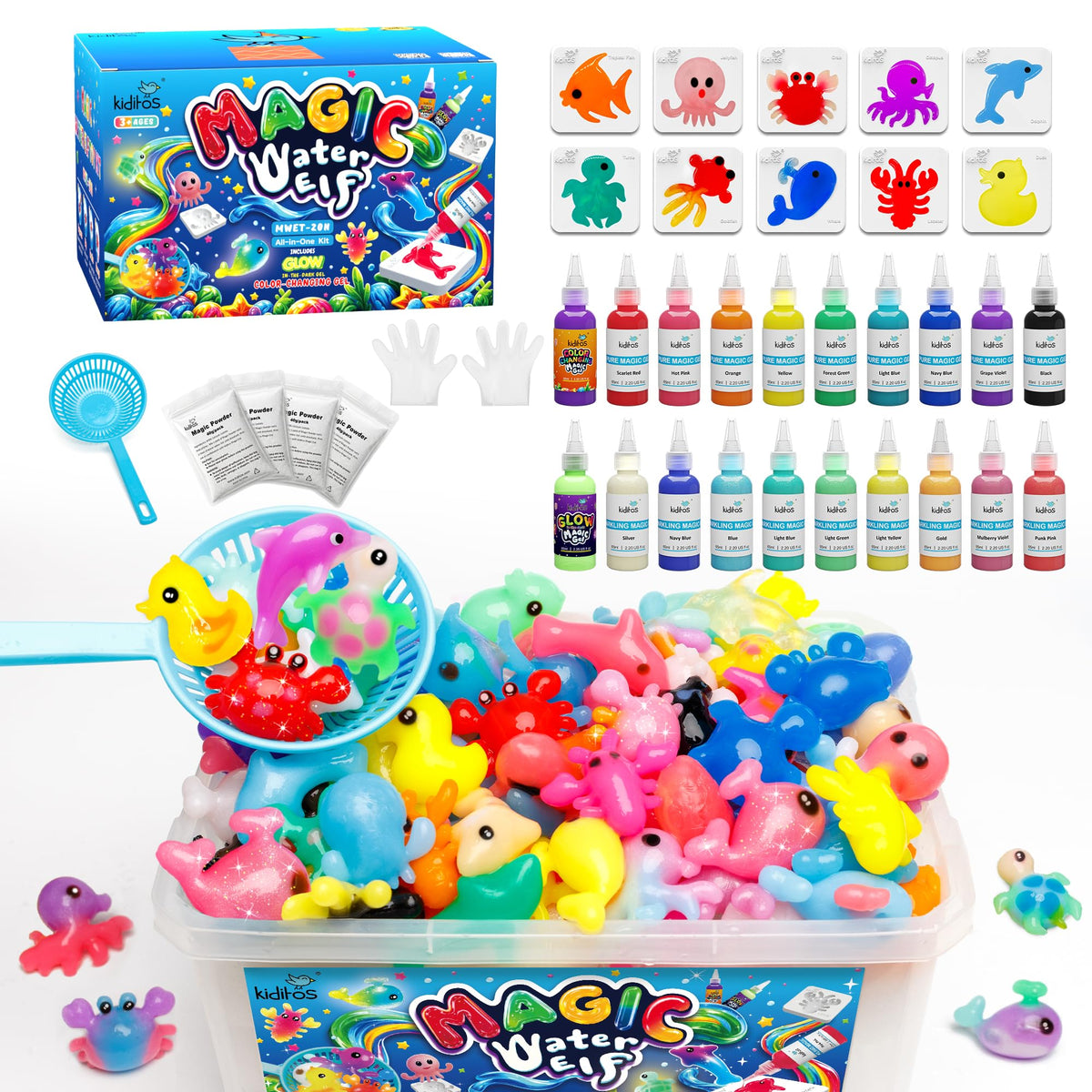 Kiditos Magic Water Elf Toy Kit–Squishies for Kids, 20 Gels & 10 Molds, Magic Gel Water Pets Sensory Toy, Fun DIY Craft Kit，Party Favors, Birthday & Christmas Gifts for Kids Ages 3+ 🍁 All In One Marketplace Canada