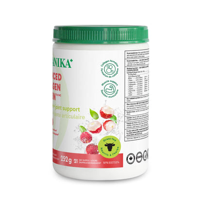 Organika Poudre de protéines de collagène amélioré fabriquée au Canada - Saveur de litchi - Saveur délicieuse, teneur élevée en protéines - Hydrolysée pour une meilleure absorption - Nourri à l'herbe, sans OGM - 252 g