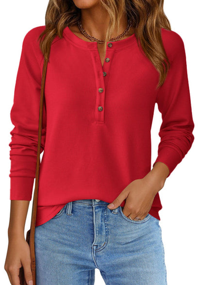 PRETTYGARDEN Women Long Sleeve Waffle Knit Shirt 2026 Spring Casual Button V Neck Loose Henley Tops Basic Tees Winter Clothes(Red,Large) 🍁 All In One Marketplace Canada