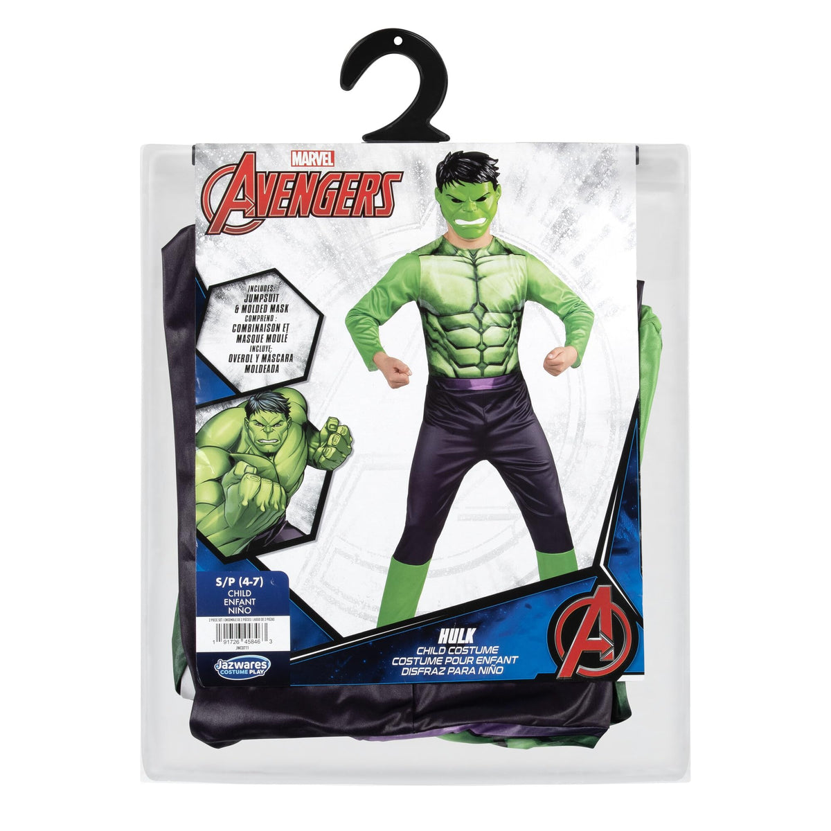 Costume d'Halloween officiel Marvel Hulk pour enfant - Combinaison en tissu de qualité supérieure avec motif imprimé et masque en plastique (Grand) Vert